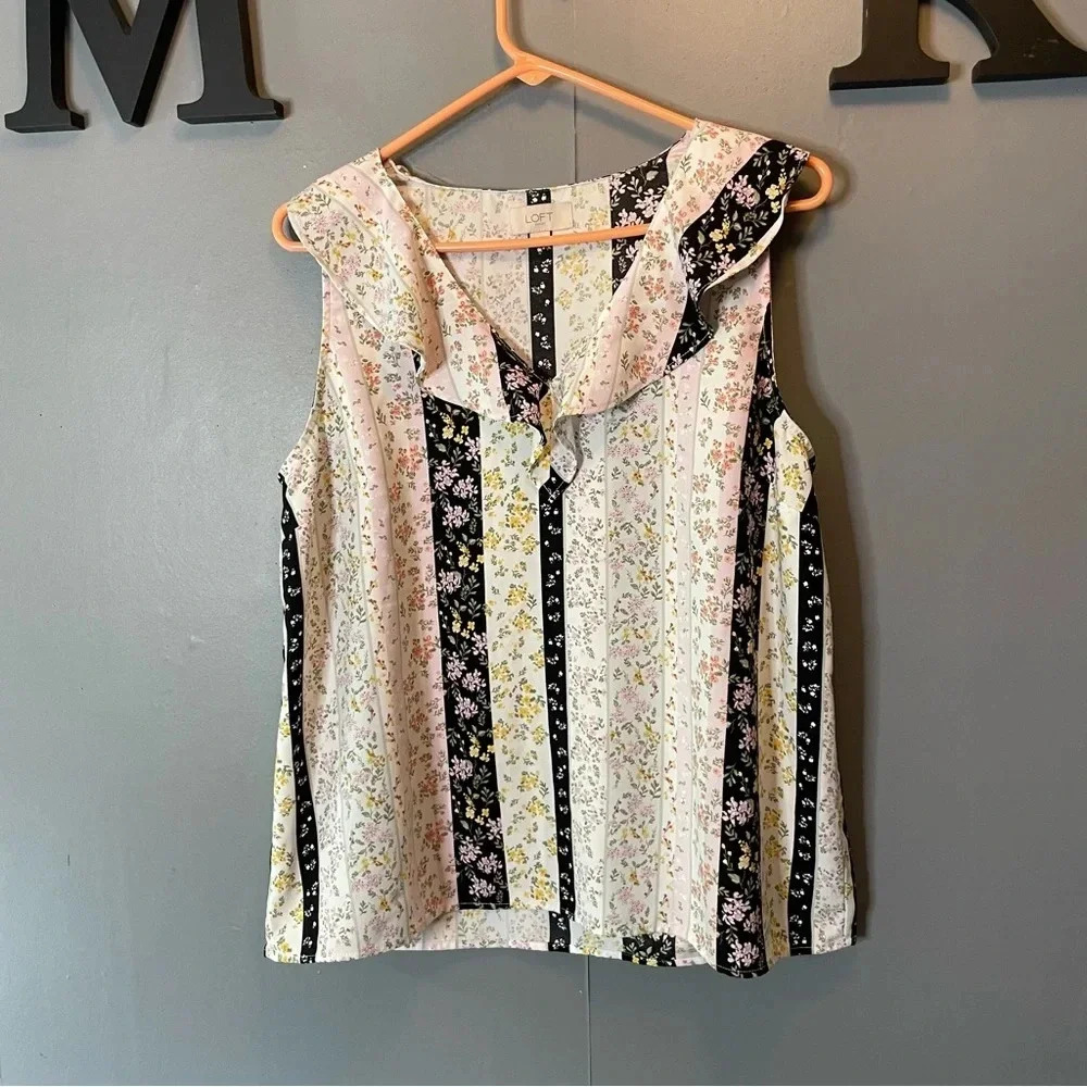 Ann Taylor LOFT‎ Floral Stripe Patchwork V-Neck Sleeveless Blouse Size medium